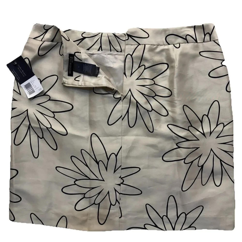 100% Silk Black Graphic Floral Skirt Women's 12 Pockets Office Preppy Monochrome